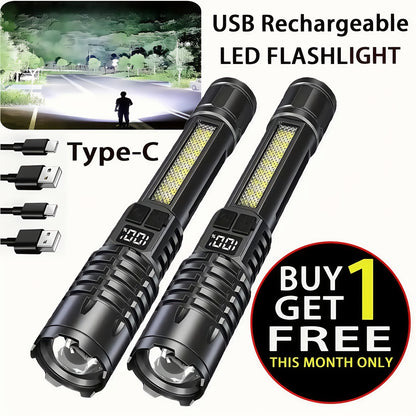 Two USB rechargeable LED flashlights with a 'Buy 1 Get Free' offer on a white background.
