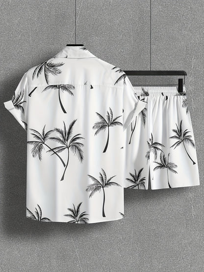 Coconut Tree Print Men's Summer Outfit - Shirt and Shorts Set