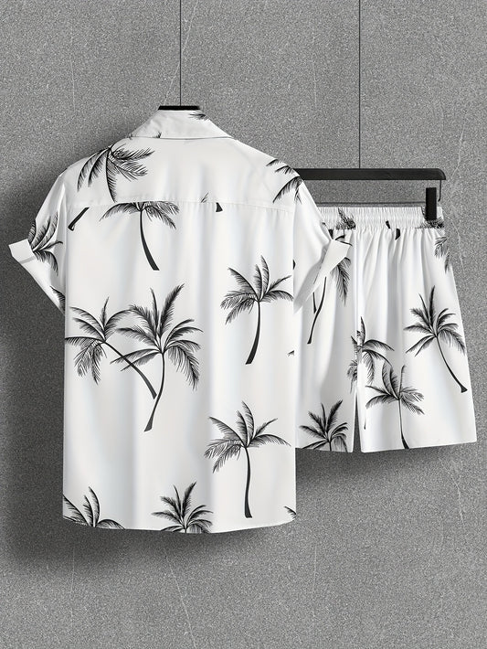 Coconut Tree Print Men's Summer Outfit - Shirt and Shorts Set
