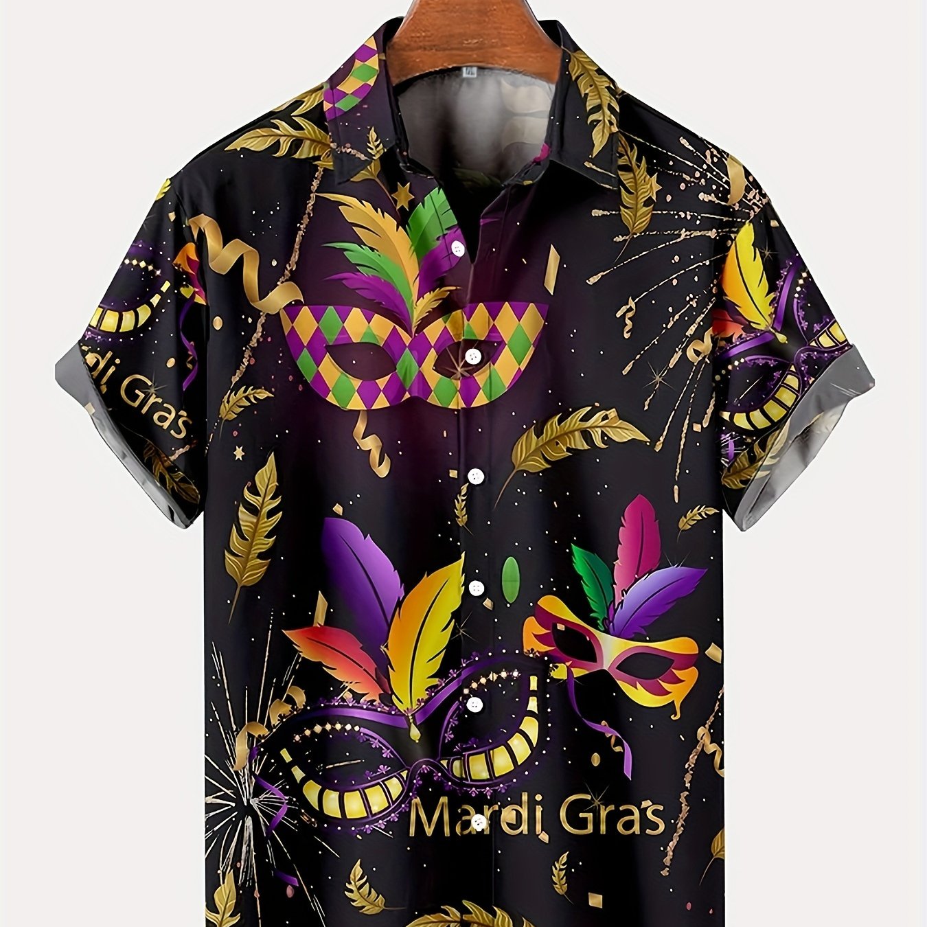 Vibrant Plus Size Mardi Gras Shirt with Mask Graphic Print