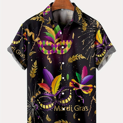 Vibrant Plus Size Mardi Gras Shirt with Mask Graphic Print