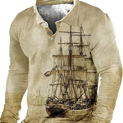 Plus Size Men's 3D Sailboat Print Long Sleeve Shirt