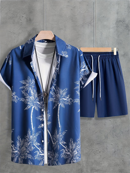 Men's Casual Coconut Tree Print Shirt and Shorts Set