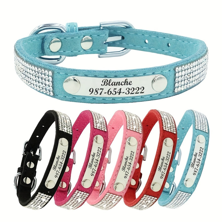 Custom Rhinestone Dog Collar with Engraved ID Tag for Pets