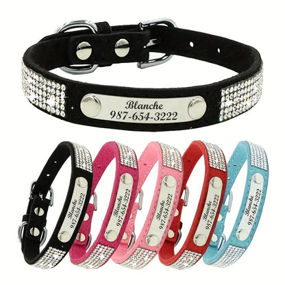 Custom Rhinestone Dog Collar with Engraved ID Tag for Pets