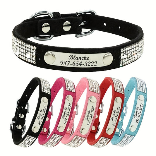 Custom Rhinestone Dog Collar with Engraved ID Tag for Pets