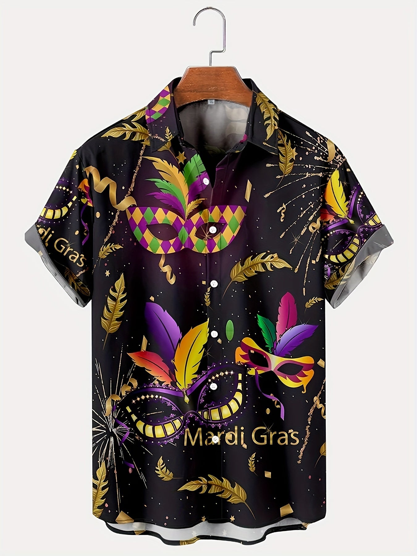 Vibrant Plus Size Mardi Gras Shirt with Mask Graphic Print