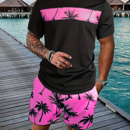 Men's Coconut Tree Pattern T-Shirt and Pink Shorts Set