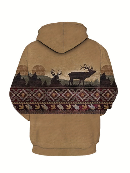 Plus Size Men's Hoodie with Bold Ethnic Prints for Fall