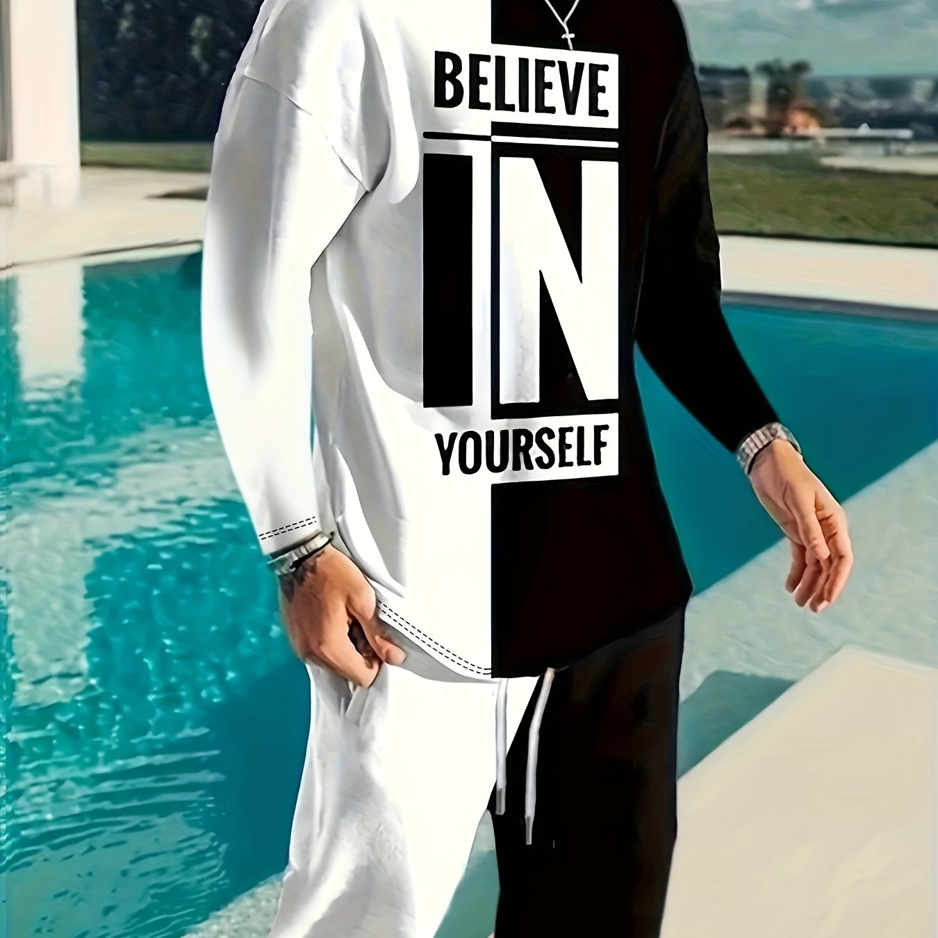 Color Block Casual Men's 2-Piece Outfit Set for Fall/Winter