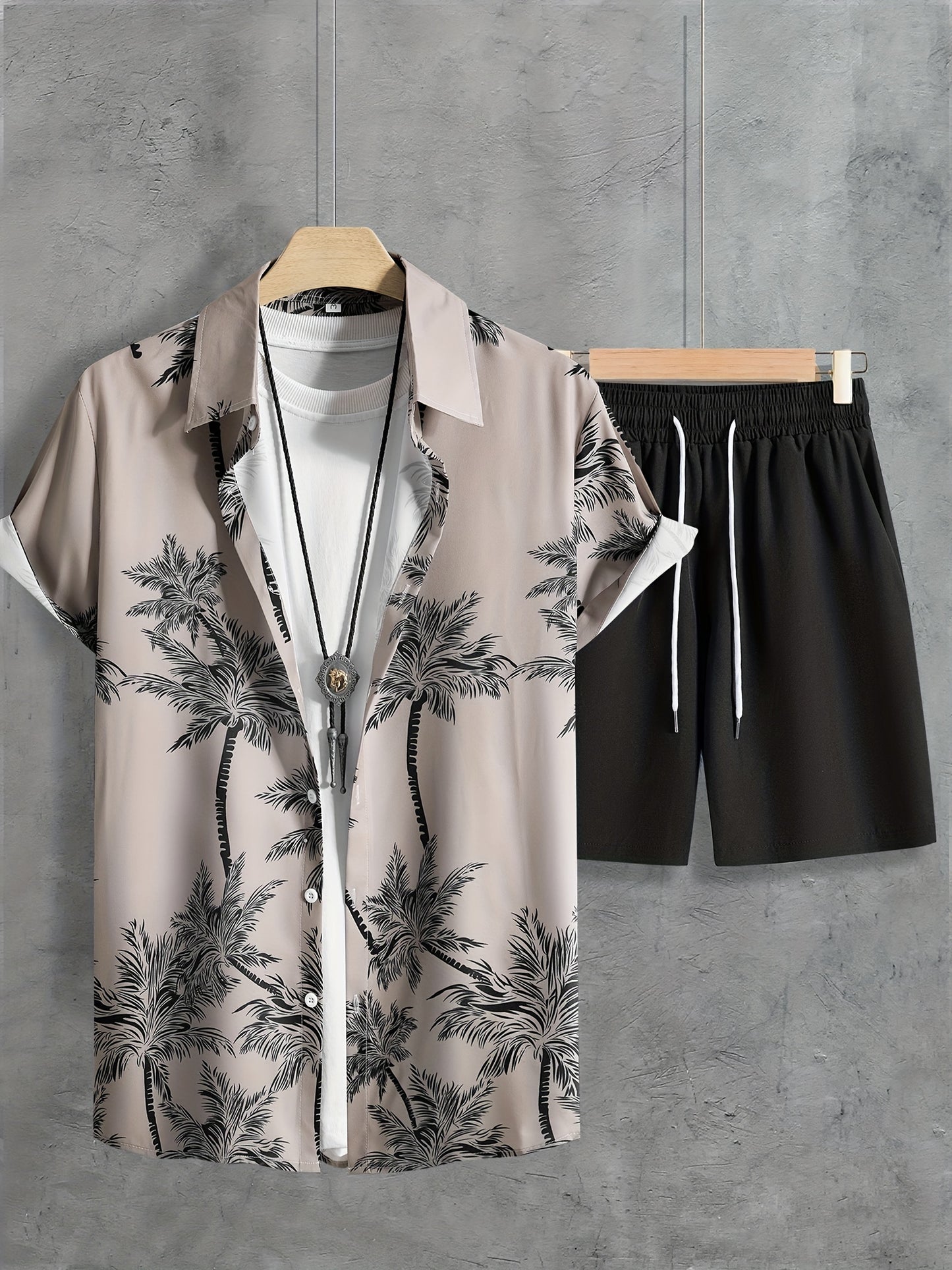 Men's Casual Coconut Tree Print Shirt and Shorts Set