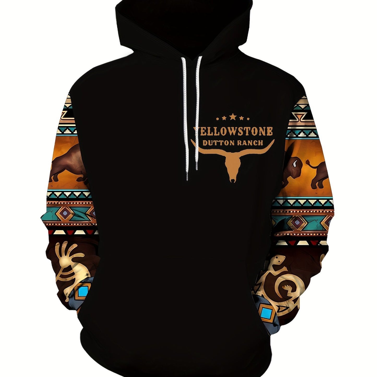 Plus Size Men's Hoodie with Bold Ethnic Prints for Fall
