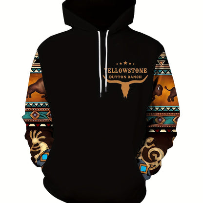 Plus Size Men's Hoodie with Bold Ethnic Prints for Fall