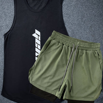 Men's 2pcs Outfits, Letter Print, Casual Graphic Tank Top 2-In-1 Shorts Set, Men's Clothing