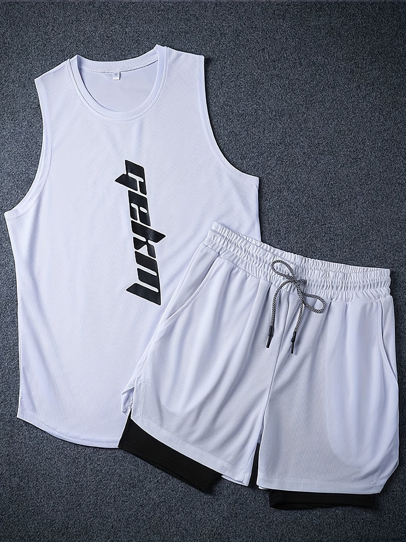 Men's 2pcs Outfits, Letter Print, Casual Graphic Tank Top 2-In-1 Shorts Set, Men's Clothing