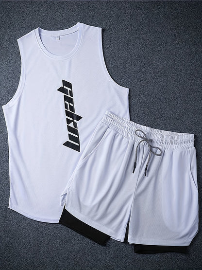 Men's 2pcs Outfits, Letter Print, Casual Graphic Tank Top 2-In-1 Shorts Set, Men's Clothing