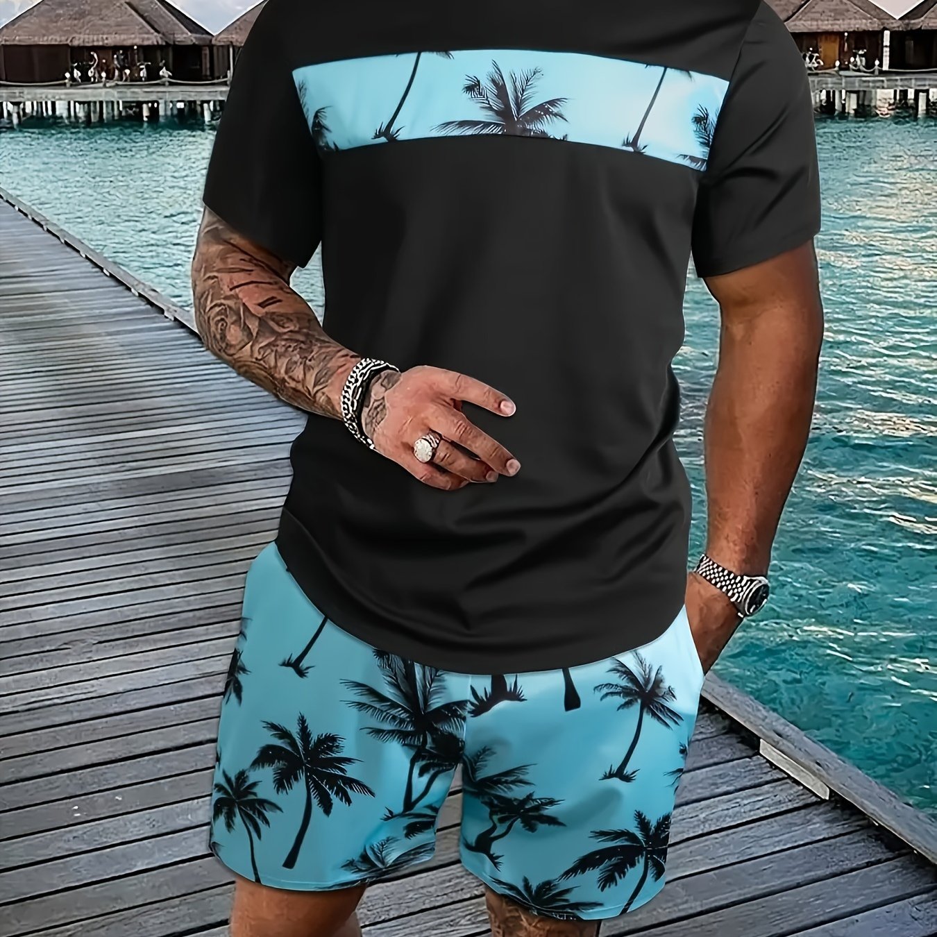 Men's Coconut Tree Pattern T-Shirt and Pink Shorts Set