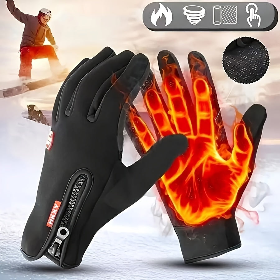 Black gloves with thermal design, showing a hand with glowing red palm, on a light gray background.