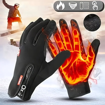 Black gloves with thermal design, showing a hand with glowing red palm, on a light gray background.