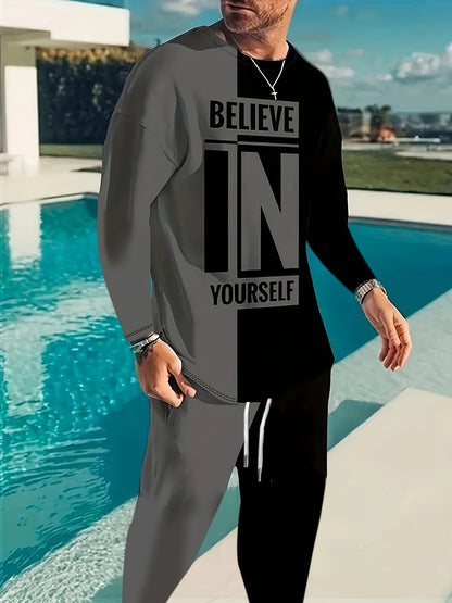 Color Block Casual Men's 2-Piece Outfit Set for Fall/Winter