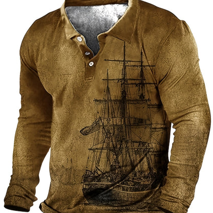 Plus Size Men's 3D Sailboat Print Long Sleeve Shirt