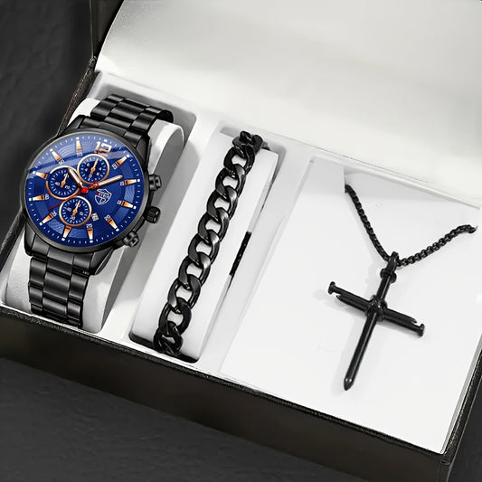3-Piece Men's Quartz Watch, Bracelet & Necklace Set