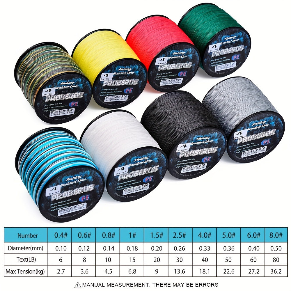 Durable 500M Braided Fishing Line, Zero Stretch, 4 Strands