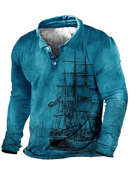 Plus Size Men's 3D Sailboat Print Long Sleeve Shirt