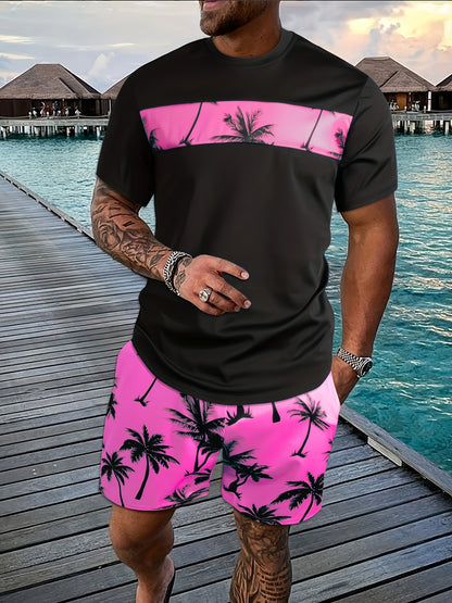 Men's Coconut Tree Pattern T-Shirt and Pink Shorts Set